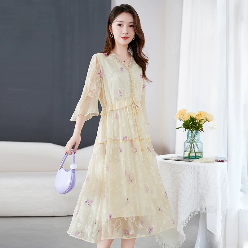 【吕先生专属】水墨佳人新款100%桑蚕丝奢华重工刺绣连衣裙82599220