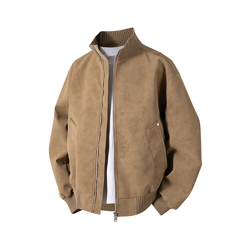 立领PU皮衣外套男春秋季新款潮流百搭复古美式短款休闲夹克男装潮