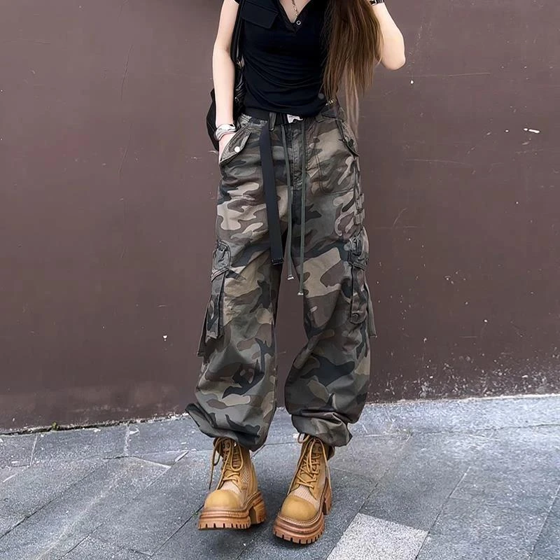 户外穿搭美式高街牛仔迷彩裤女抽绳设计小众高腰显瘦宽松工装裤潮