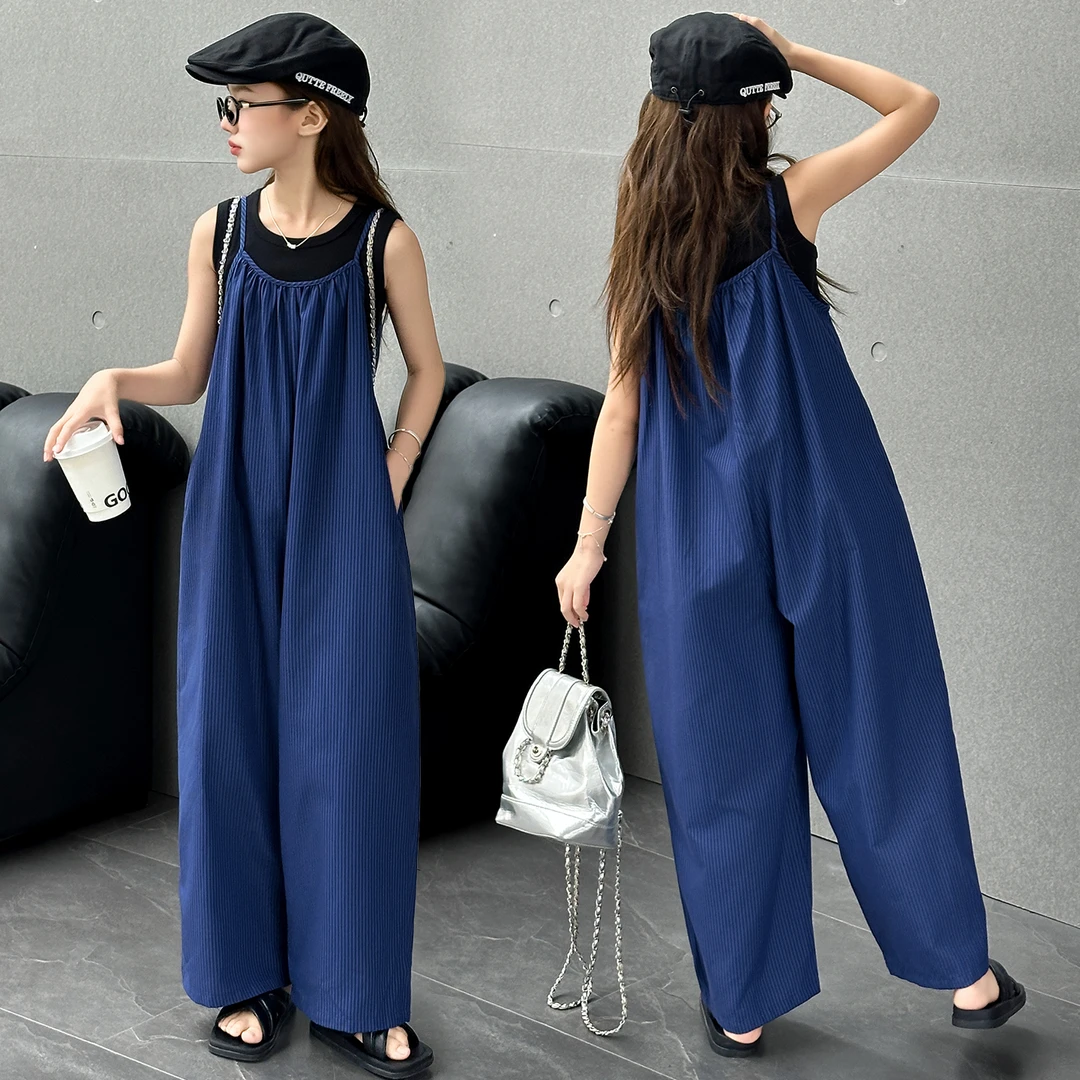 女童夏装套装2025新款洋气儿童薄款背带裤中大童宽松阔腿裤两件套