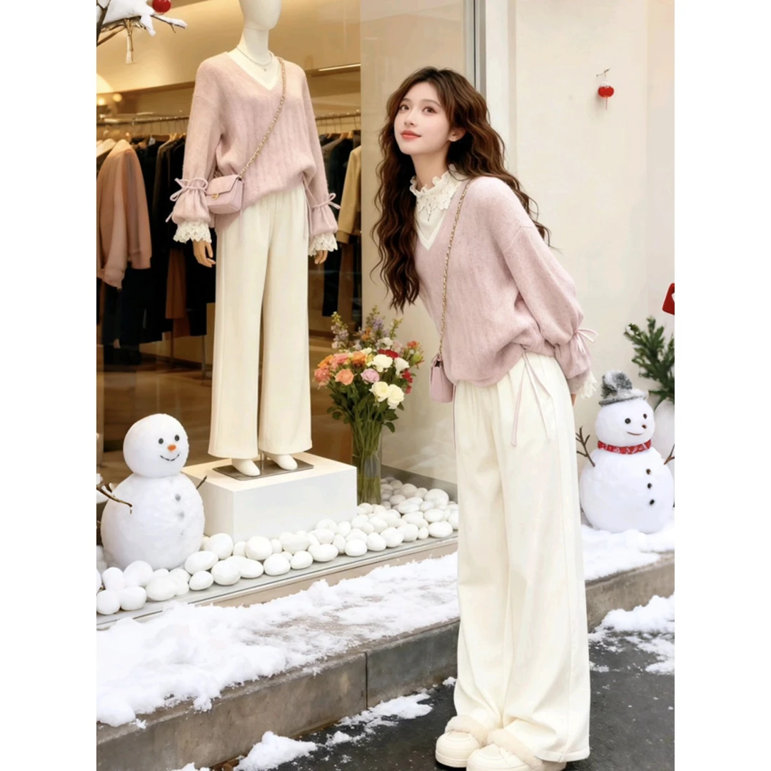 实物太美！不能错过！粉紫色喇叭袖针织衫女毛衣蕾丝拼接打底衫上衣