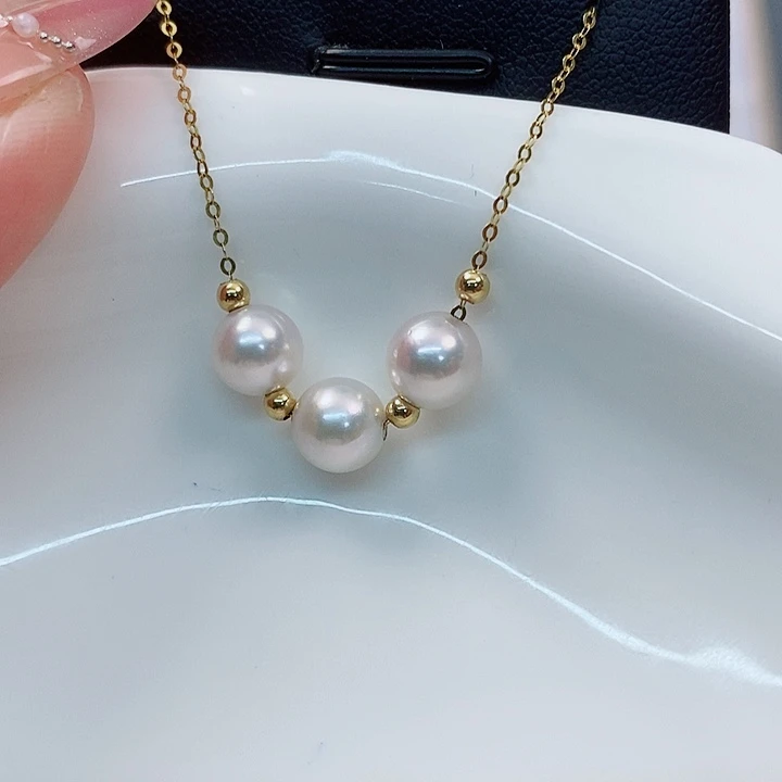 海水珍珠套链18K金镶嵌akoya6.5-7mm