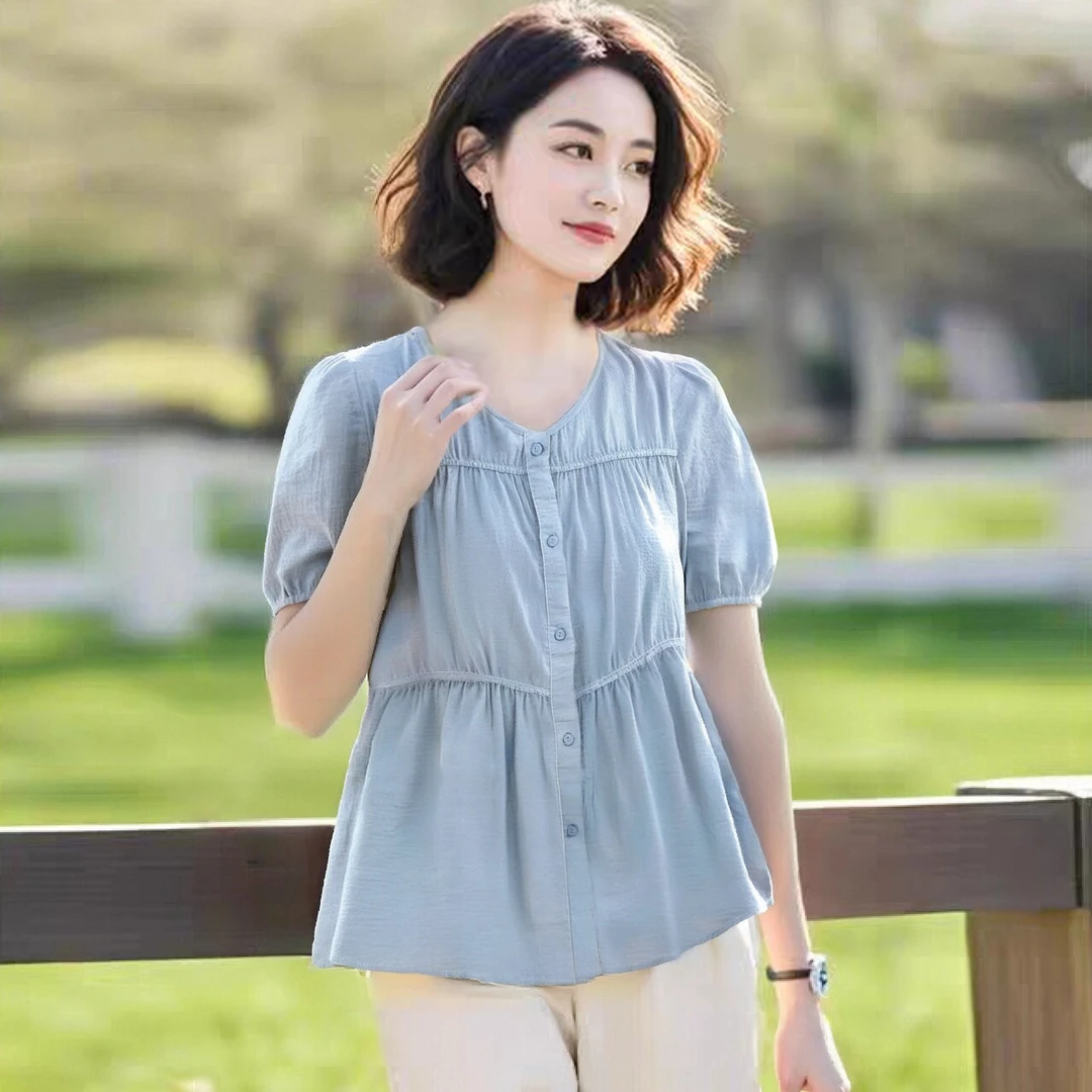 短袖衬衫女夏季2025新款宽松百搭v领遮肚子上衣减龄洋气小衫