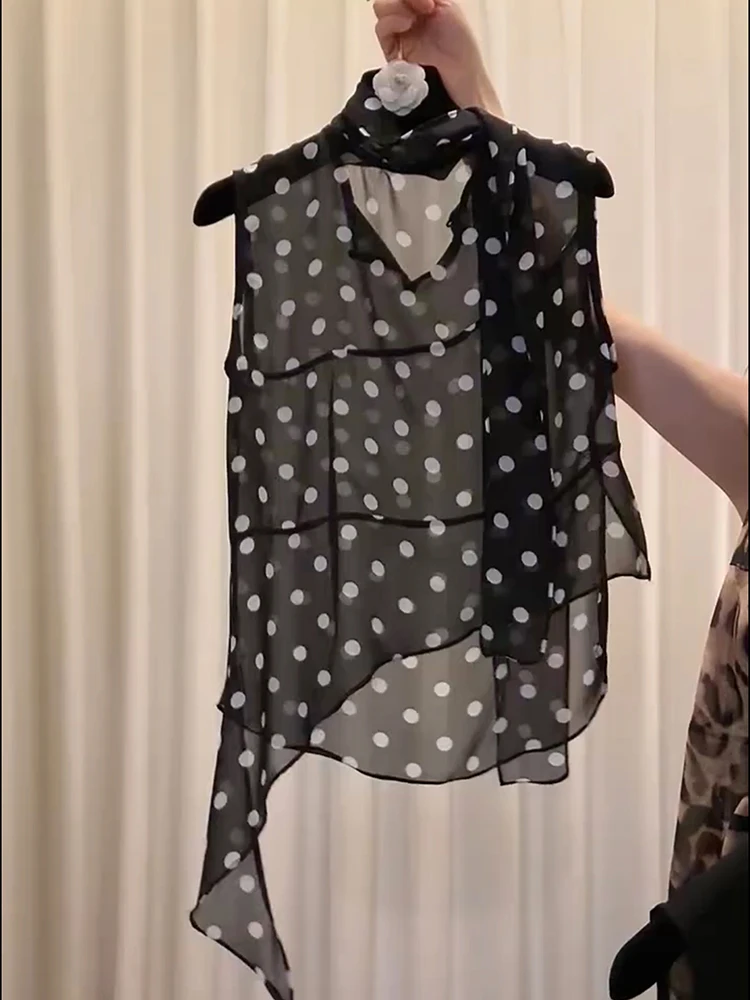 2025夏季新款韩系减龄时尚蝴蝶结波点无袖气质显瘦百搭背心上衣潮