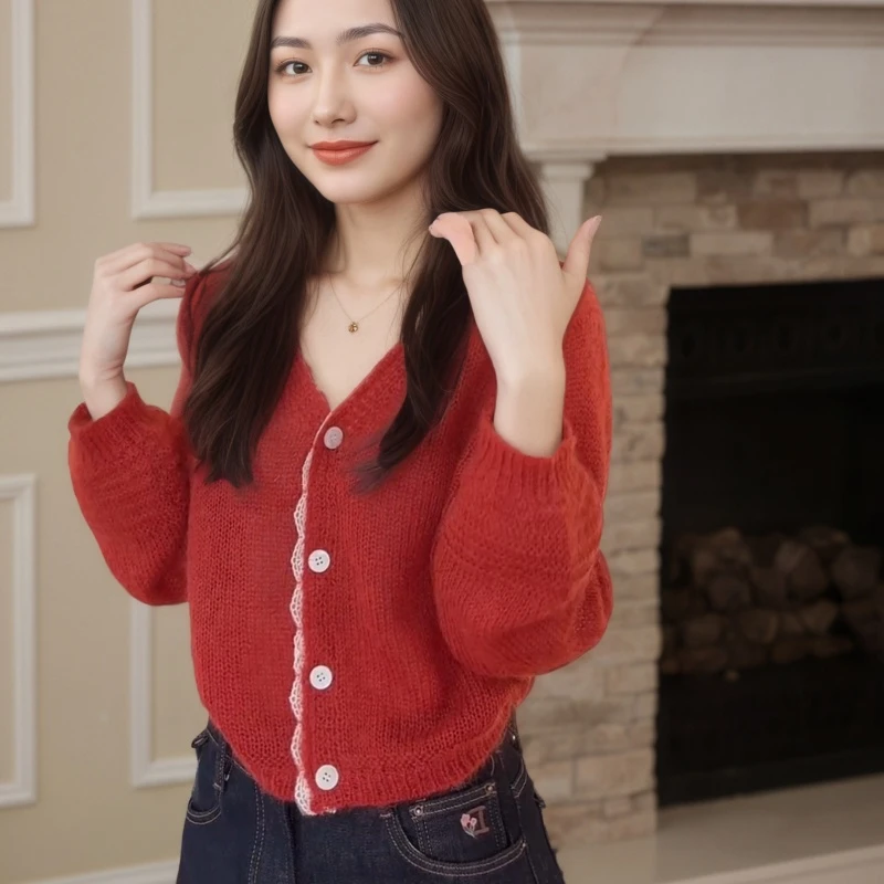 时尚设计感蕾丝拼接毛衣洋气慵懒长袖针织开衫LK2507437