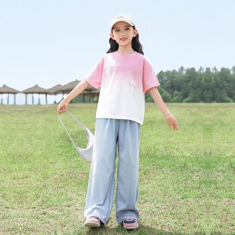 《童装品牌断码清仓直播》女童套装渐变短袖+牛仔裤25545