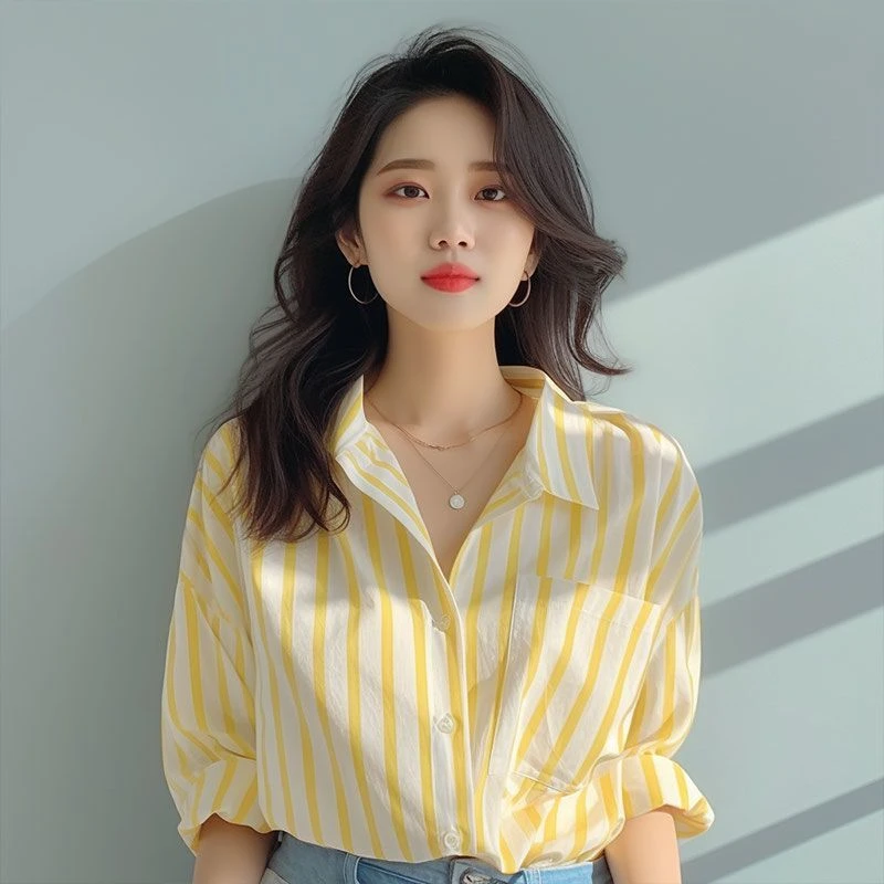 黄白色竖条纹衬衫女2025早春新款衬衣欧货洋气小衫爆款海边防晒衫