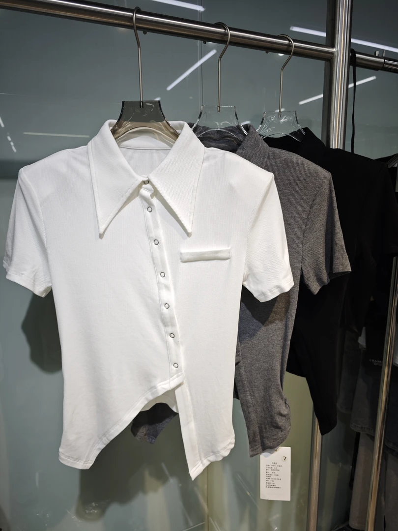 52058#斜门襟不规则下摆假口袋上衣T恤女夏季新款短袖POLO领