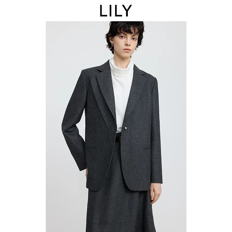 【套装】LILY2025冬新款羊毛混纺格雷系通勤西装半裙套装2902&6903