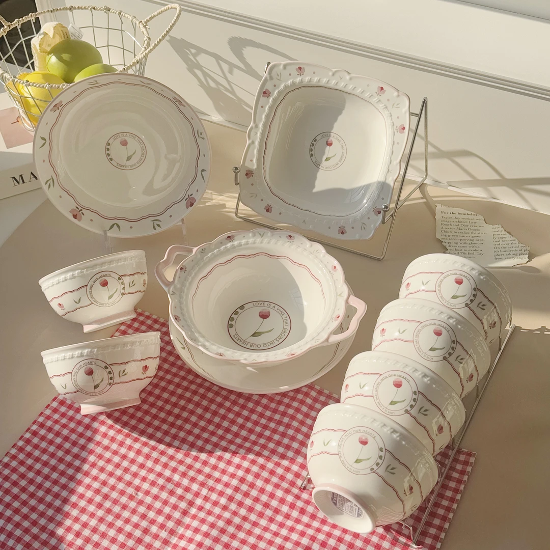 【十件套】游离花园少女陶瓷碗盘高颜值饭碗家用可爱盘子餐具釉下彩