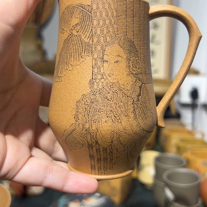 陶瓷成**愿紫砂公道杯.高端刻绘.仕女图