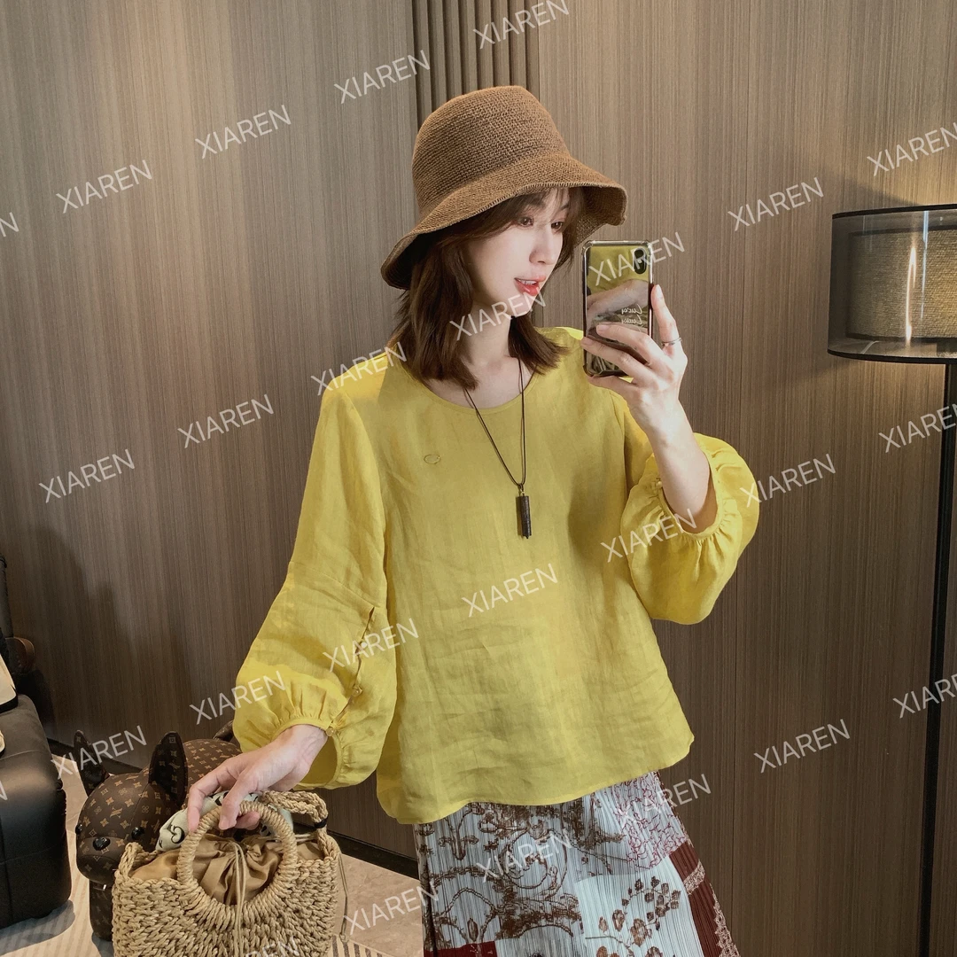 XIAREN【纽扣苎麻】新款T恤短袖上衣休闲百搭潮流精品女装显瘦时尚