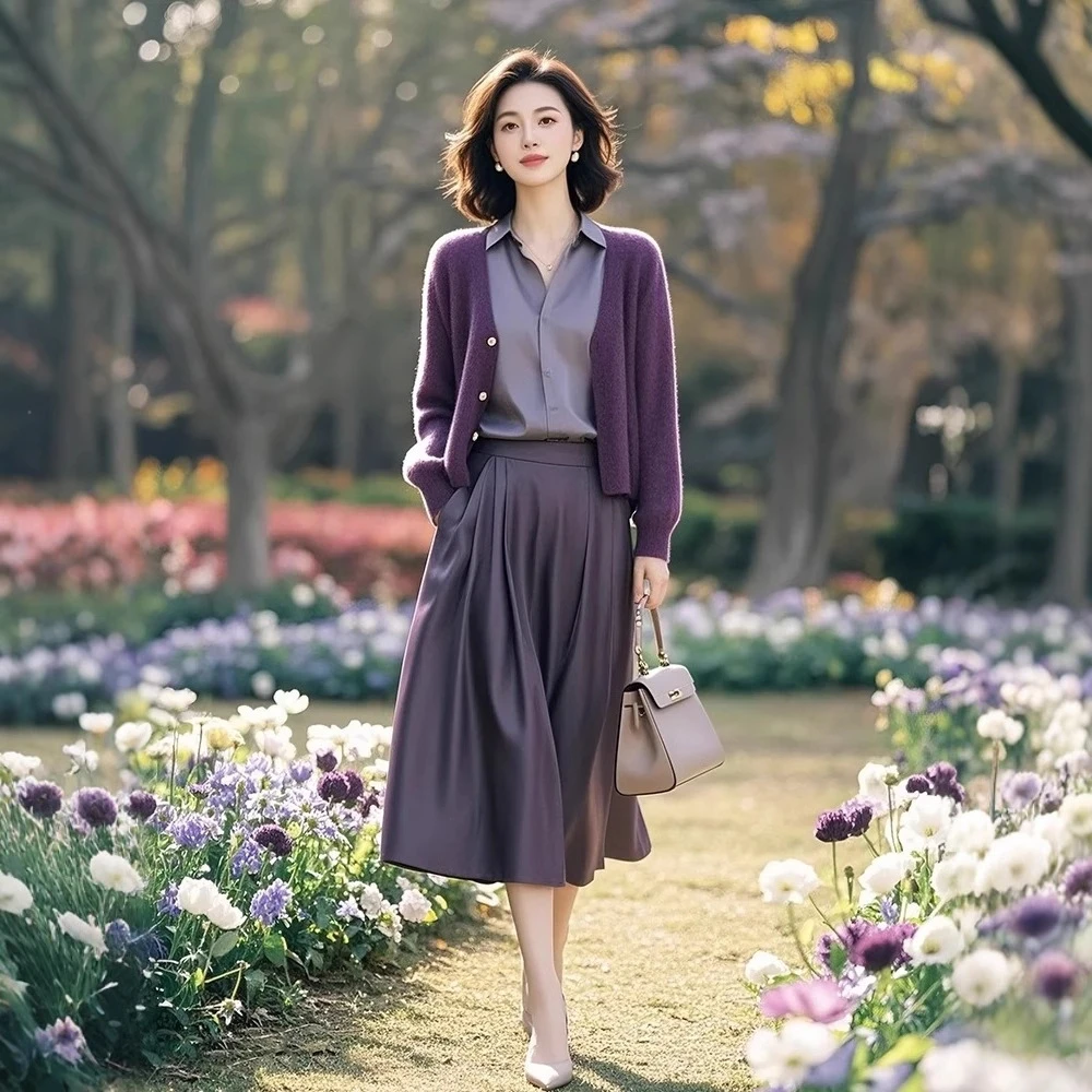 秋季新款简约纯色时尚巨显瘦洋气欧货潮时髦休闲紫色针织开衫