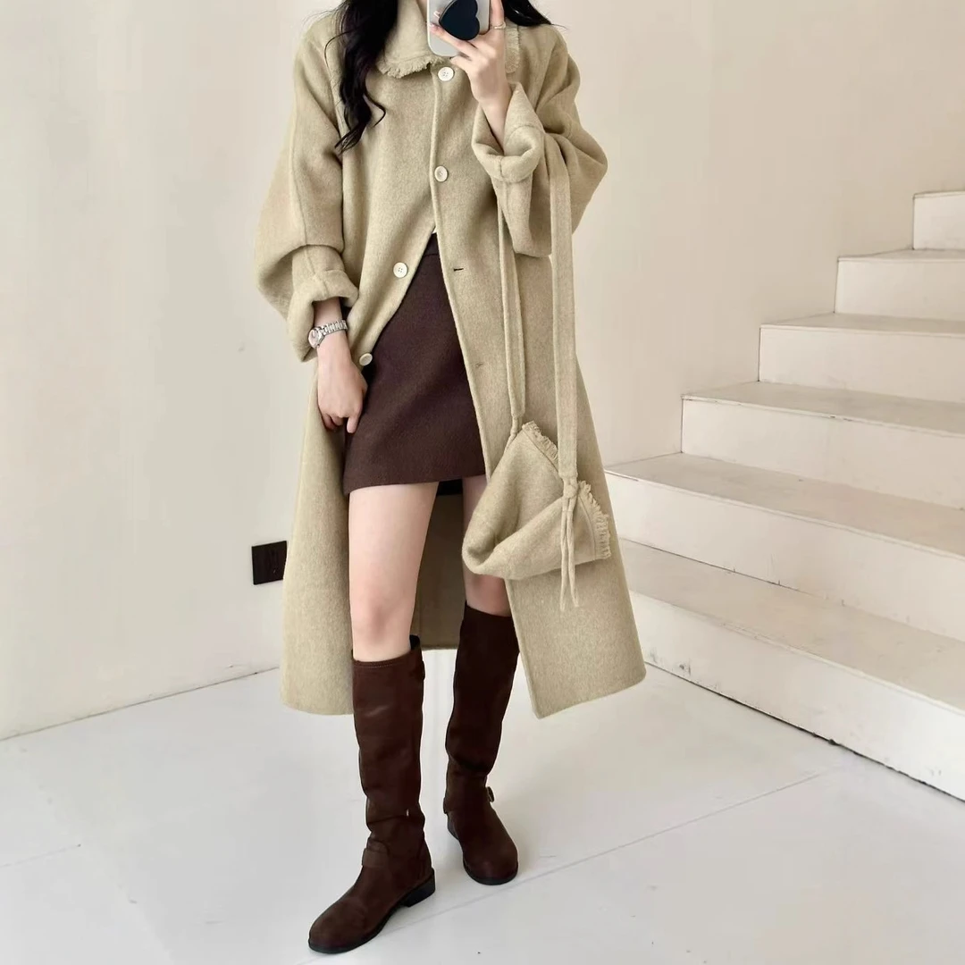 网红爆款2025秋冬新款双面羊毛大衣单排扣流苏领直通宽松毛呢外套