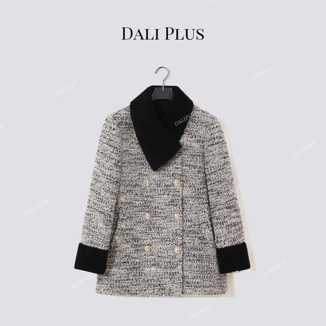 DALI PLUS“黑灰闪闪小香95鹅绒”羊毛领中长款羽绒服-D5SS7337
