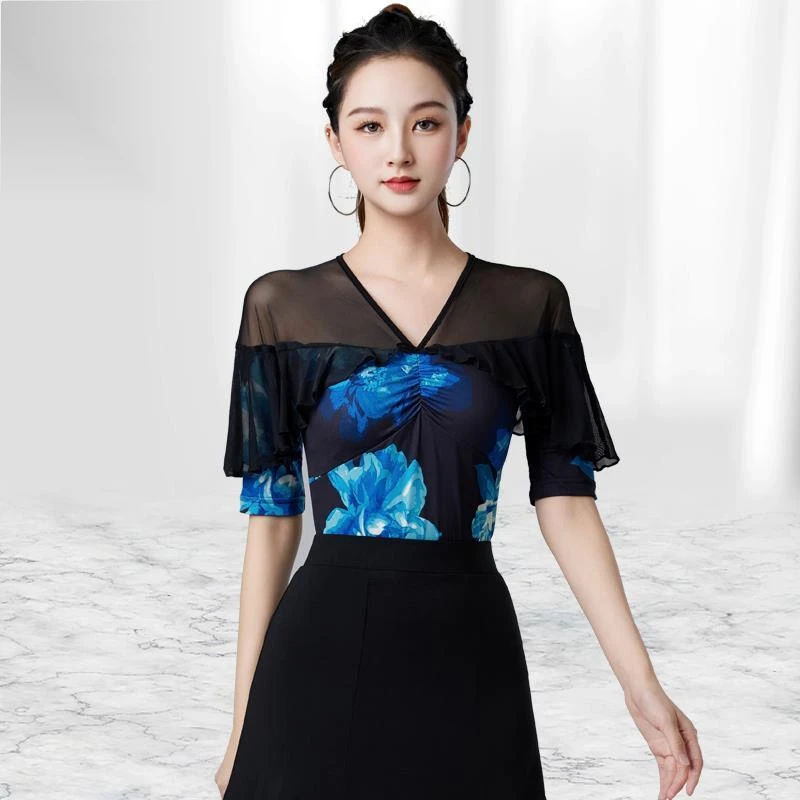 国标摩登舞上衣女新款时尚印花荷叶中袖舞蹈服拉丁舞跳舞服装