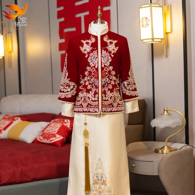 秀禾服男生2025新款中式新郎结婚礼服唐装汉服龙凤褂男士丝绒秀和