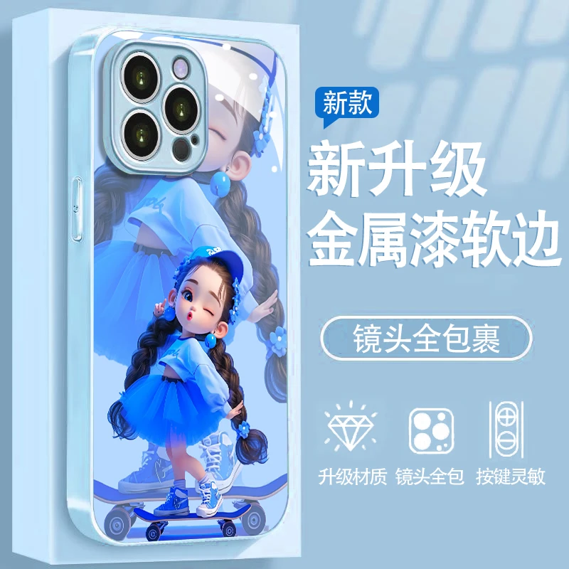滑板女孩适用苹果16promax金属漆玻璃手机壳华为oppo小米15vivo