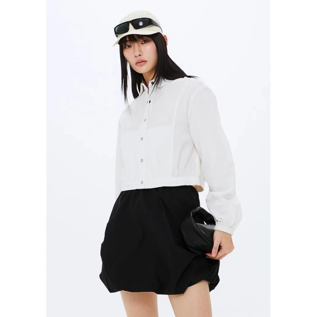 【胖虎家】春季新品 M 学院风经典百搭款小翻领短款长袖衬衫女士