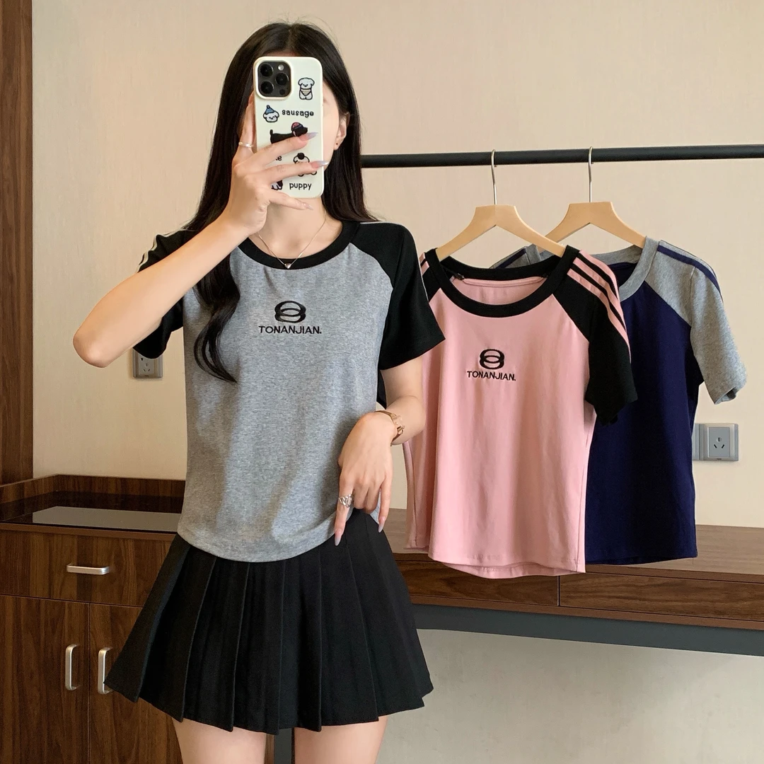【涵胖胖】Q春夏新款设计感美式短袖撞色立体刺绣T恤3078