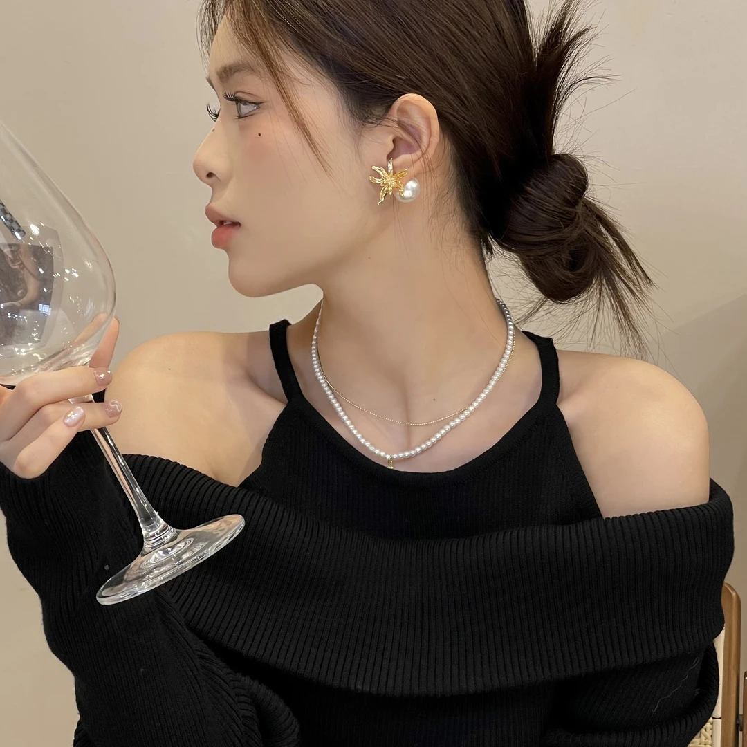 铜合金耳饰 W804小众花朵珠珠前后戴耳钉复古时尚轻奢气质ins风