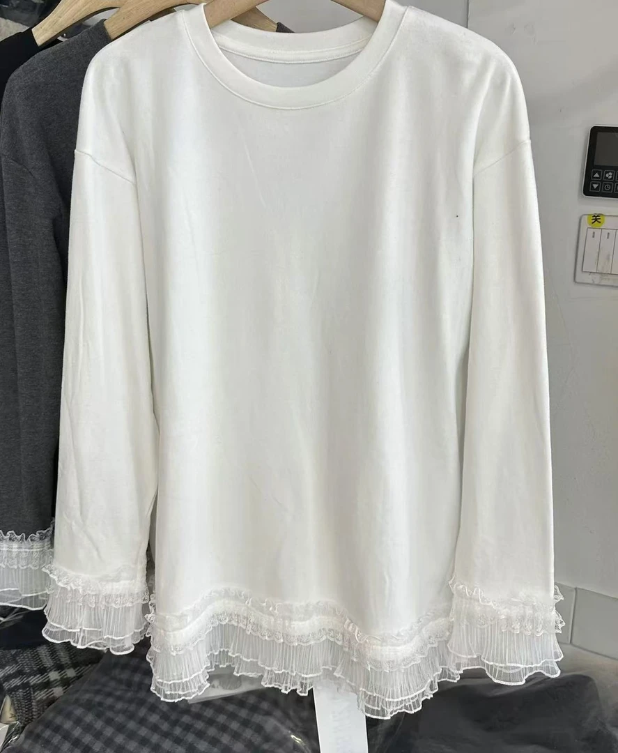 李园家2号店-3032-花边蕾丝拼接白T上衣
