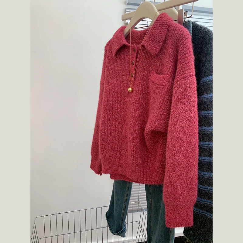 树莓粉宽松polo领套头毛衣女慵懒风高级感时尚洋气减龄针织衫上衣