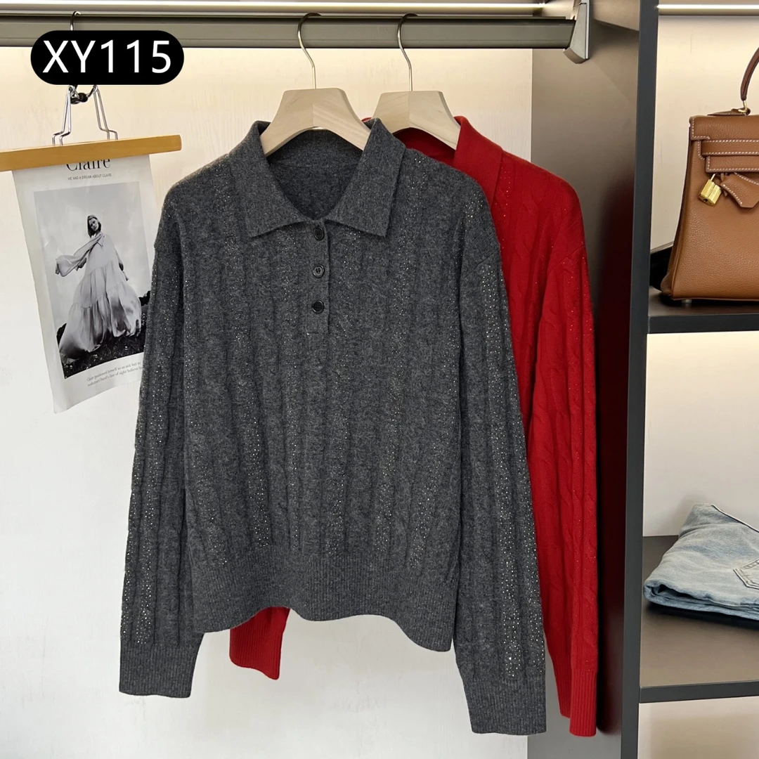 【北方鹿】法式老钱风 厚款绵羊毛 翻领亮钻针织衫女XY115