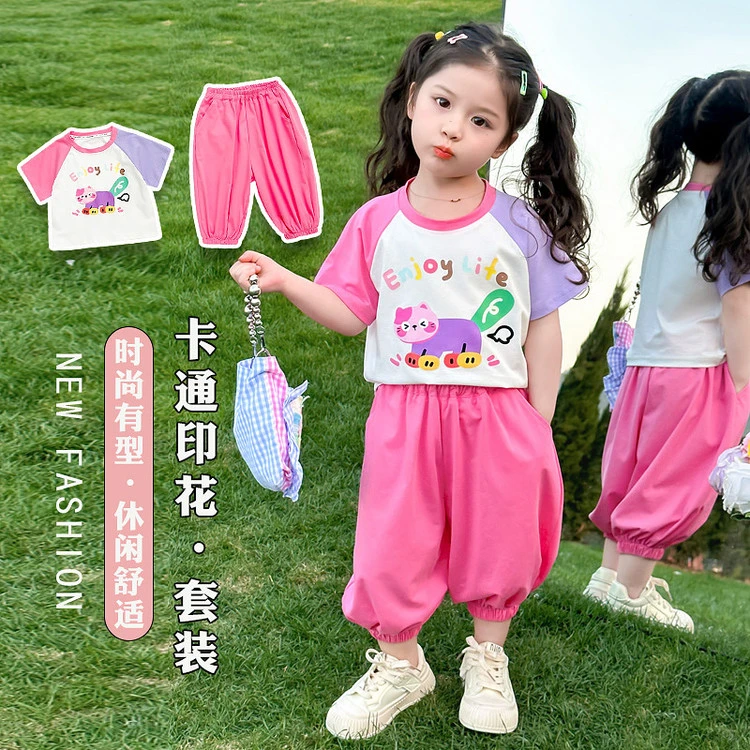 女童夏季新款洋气可爱拼色猫咪套装儿童1-8岁夏款休闲女孩两件套3