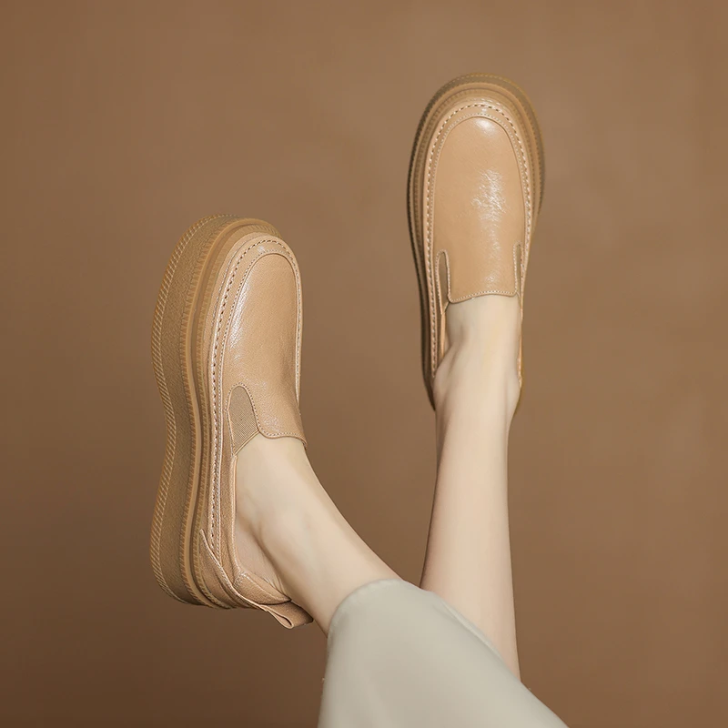 羊皮/跟高5cm/时尚百搭真皮厚底加绒英伦风平底秋冬舒适妈妈单鞋