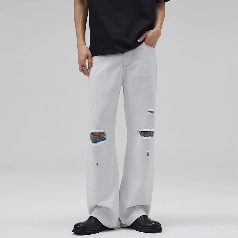 2025春夏老钱蓝纱破洞割烂白色男宽松A字显瘦显高潮牛仔裤裤子