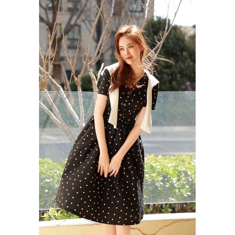 GIRDEAR/哥弟夏季波点【乌梅落雪】法式洋气茶歇裙连衣裙女1500225