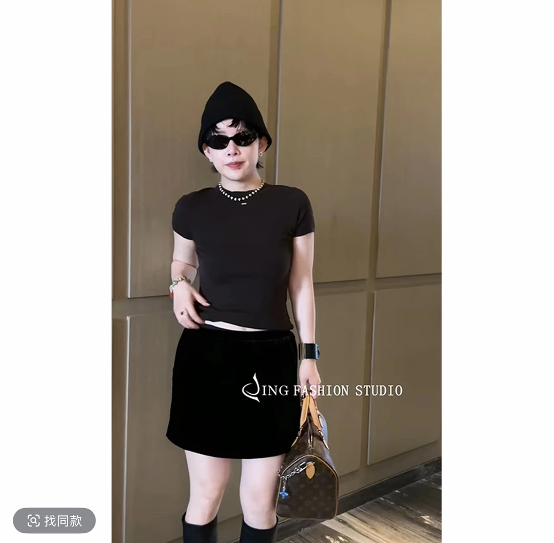 JING2025初秋新款6411圆领短袖T恤时尚百搭女装修身纯色休闲上衣