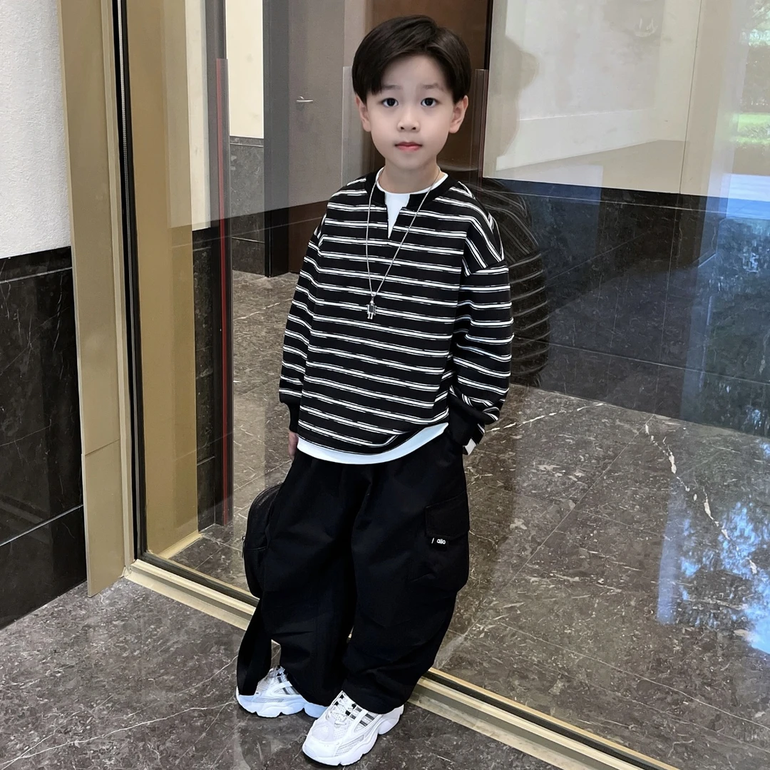 男童春秋休闲卫衣2025新款中大童韩版条纹秋季假两件上衣童装潮
