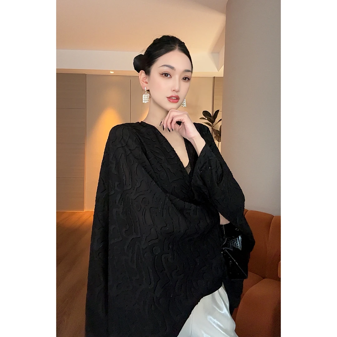 紫紫 烟墨 时尚气质2025春季新款长袖宽松披肩上衣ZD02WZYL121