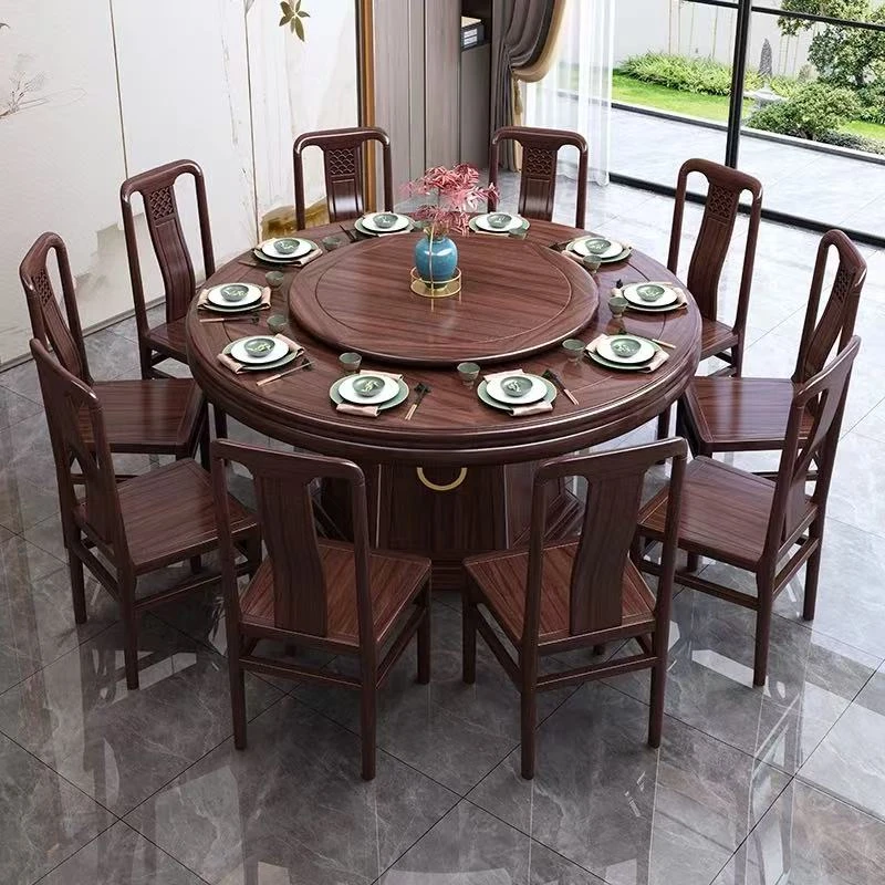 新中式乌金木餐桌椅组合高端实木圆桌带转盘现代家用圆形饭桌