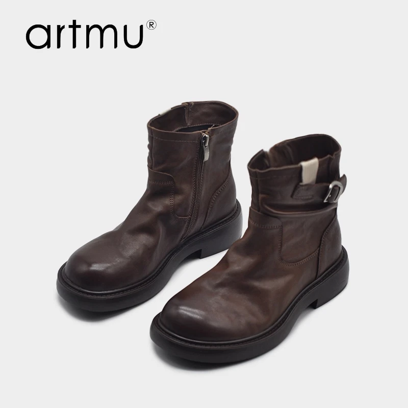 Artmu阿木手抓纹牛皮马丁靴女款短靴女款皮带扣黑色单靴5113-1