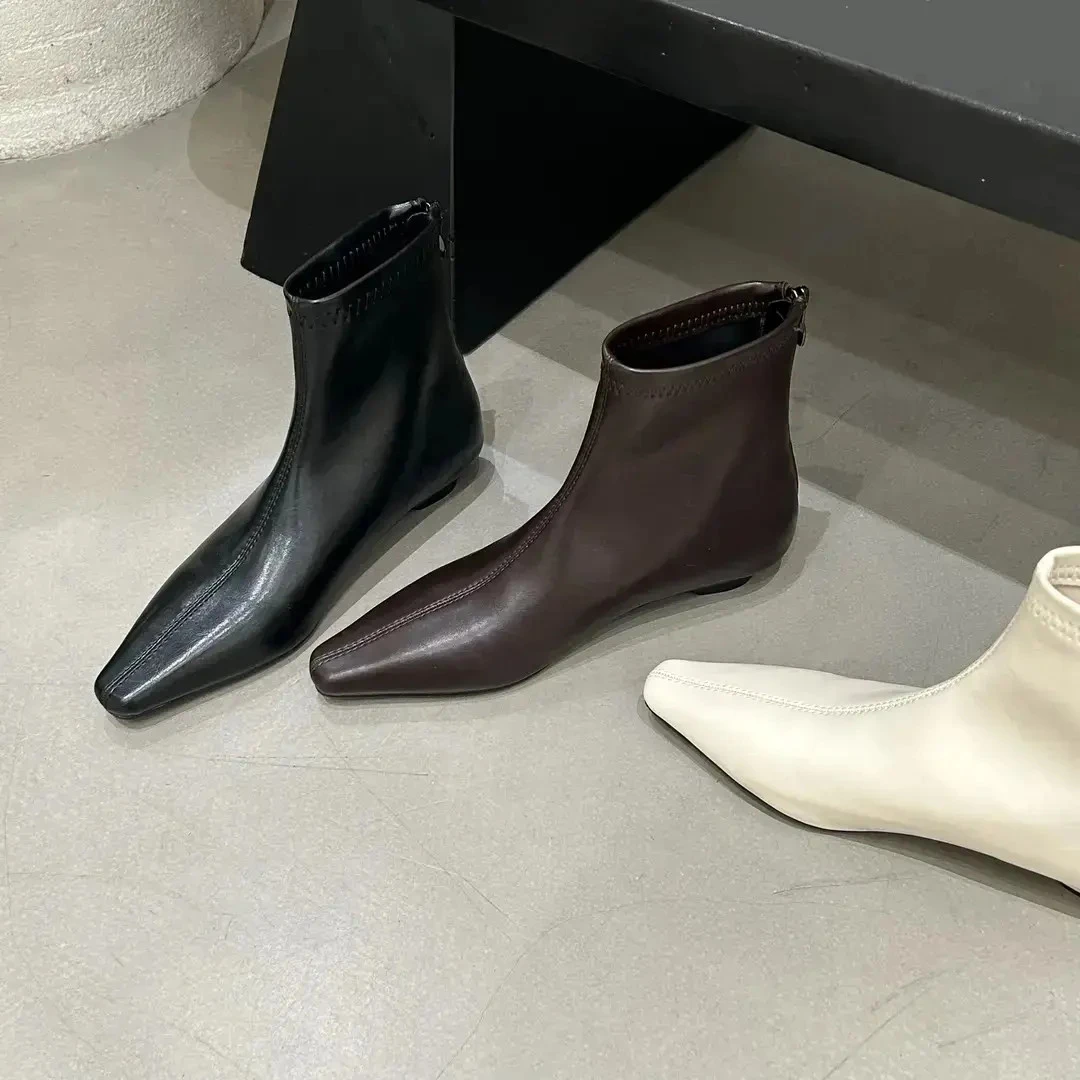 韩版尖头法式裸靴平底马丁靴女靴子秋冬新款复古瘦瘦踝靴加绒短靴