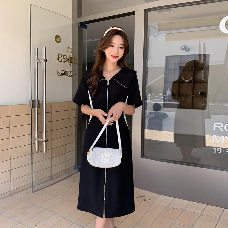 五季家-夏季新款气质中长款显瘦遮肉赫本风黑色连衣裙裙子ZL52686