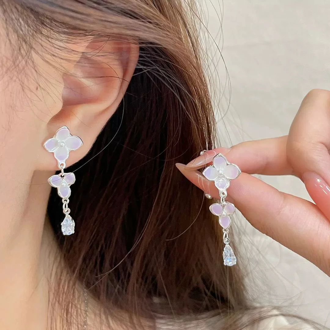铜合金耳饰 7192日韩甜美紫色花朵流苏女耳环温柔清新精致少女
