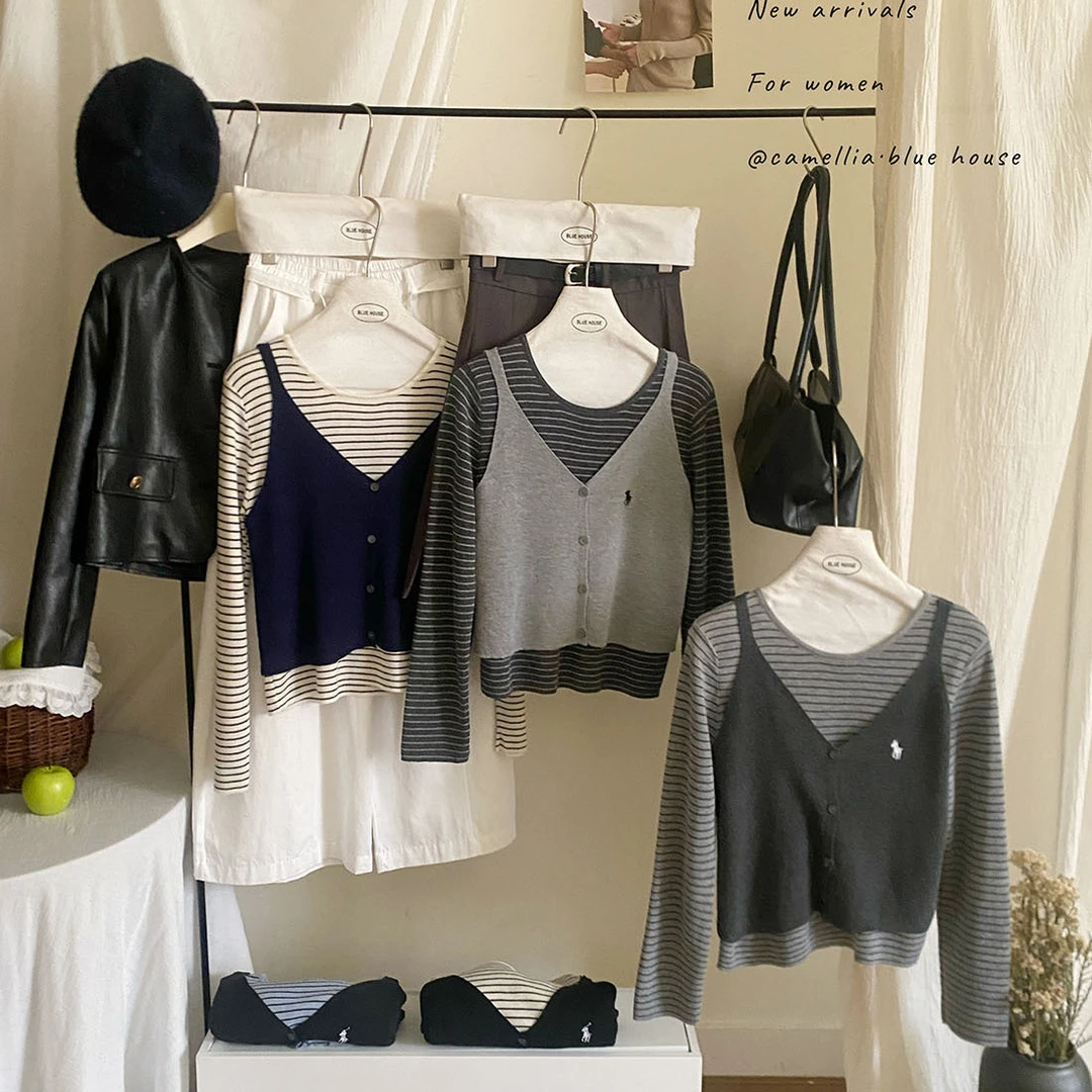 韩系简约气质刺绣条纹针织吊带套装女秋miu系内搭轻柔打底两件套