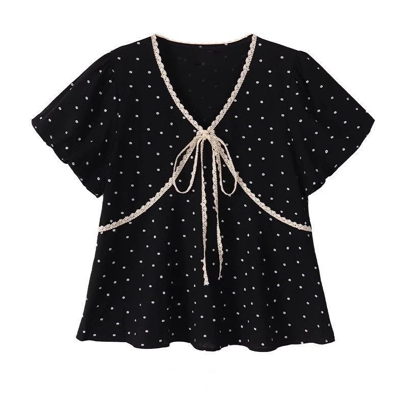 法式黑色V领衬衫大码微胖女夏季新款宽松显瘦蕾丝花边遮肉上衣潮