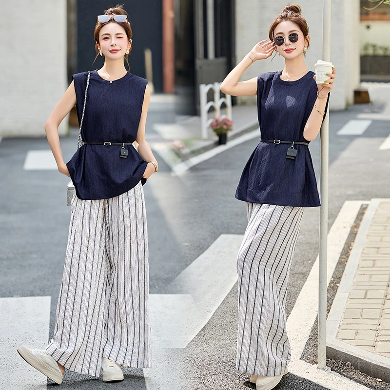 时尚条纹阔腿裤两件套女2025新款夏季无袖背心轻熟风休闲气质套装
