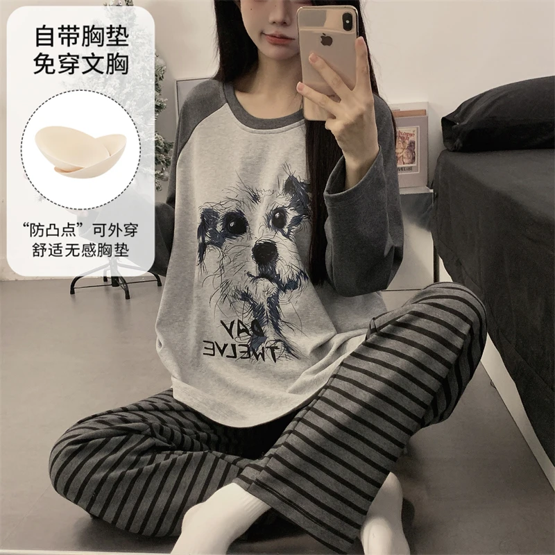 睡衣秋款女带胸垫卡通条纹长袖长裤套装学生休闲韩版可外穿家居服