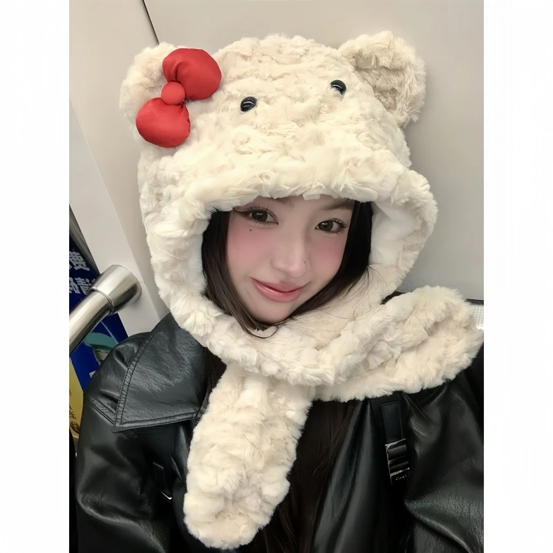hellokitty帽子加厚保暖护耳帽子围巾一体冬季蝴蝶结小熊毛绒帽女