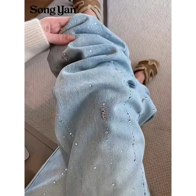 复古浅蓝色烫钻牛仔裤女2025秋季新款宽松高腰阔腿裤显瘦时尚百搭