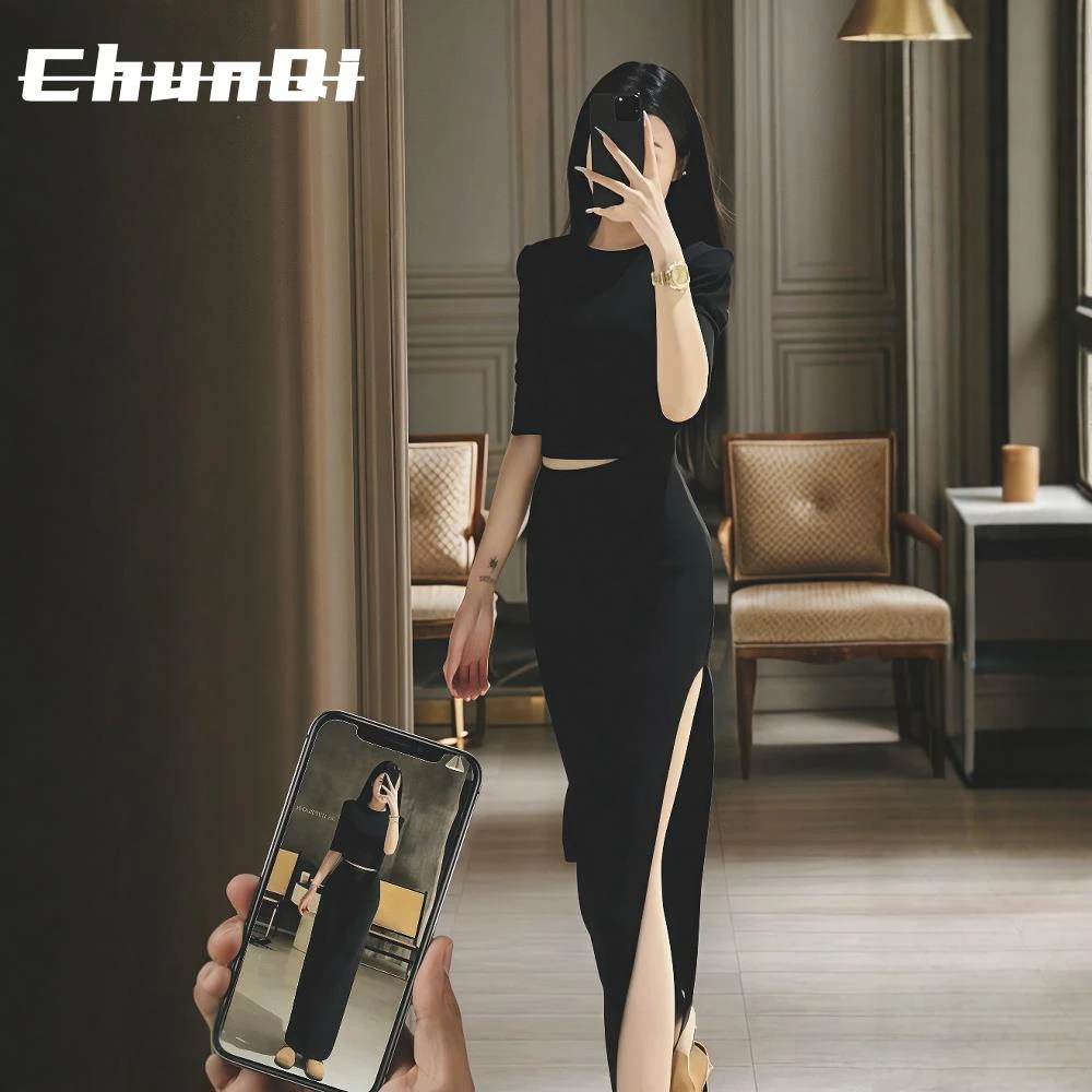 淳启夏季搭配套装女大尺码胖mm黑色开叉洋装子高级感赫本风两件套