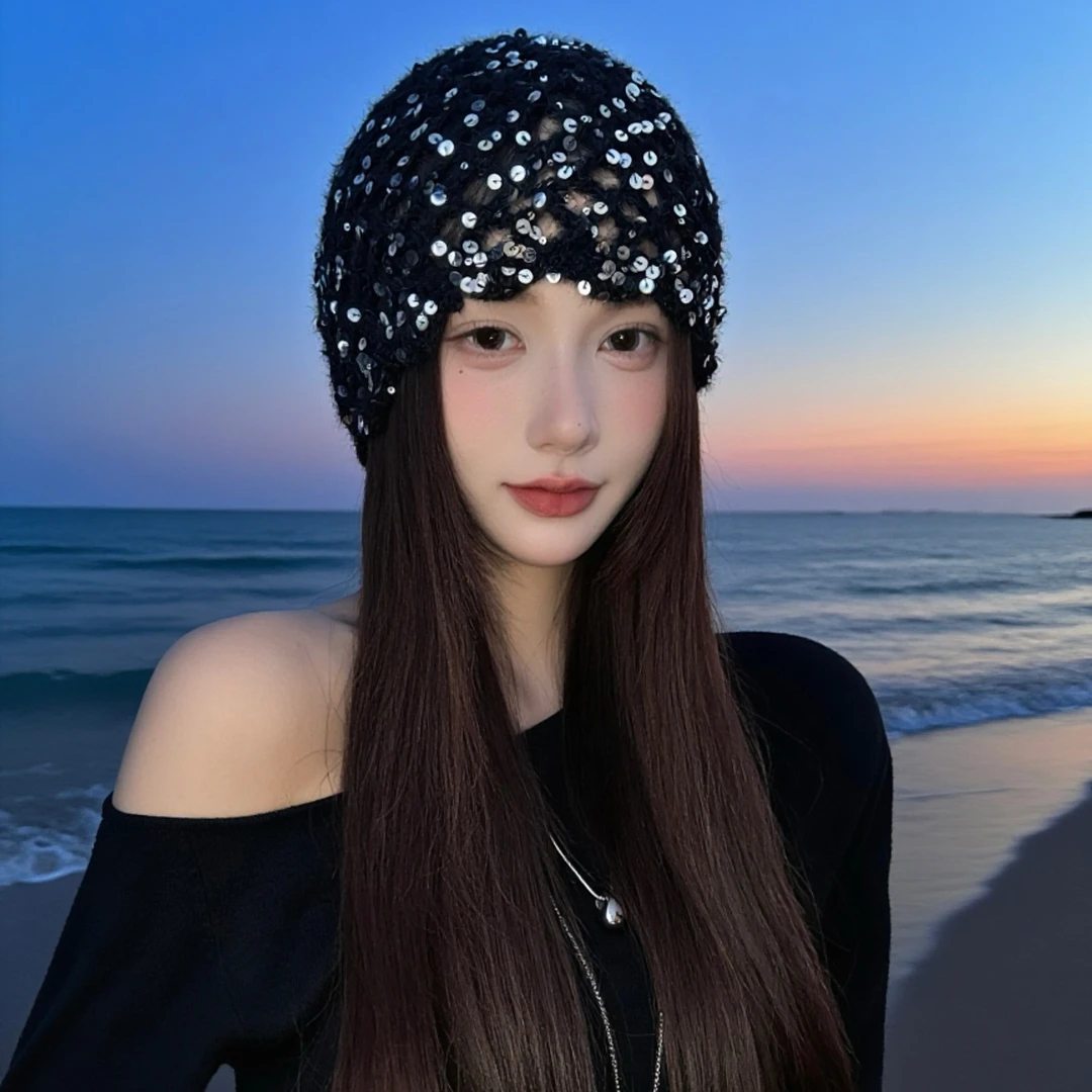 亮片编织镂空包头帽女春秋韩版百搭显脸小堆堆帽辣妹时髦套头帽子