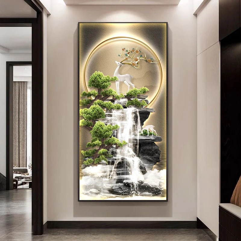 玄关流水生财挂画高档大气走廊过道装饰画轻奢客厅镶钻麋鹿壁画
