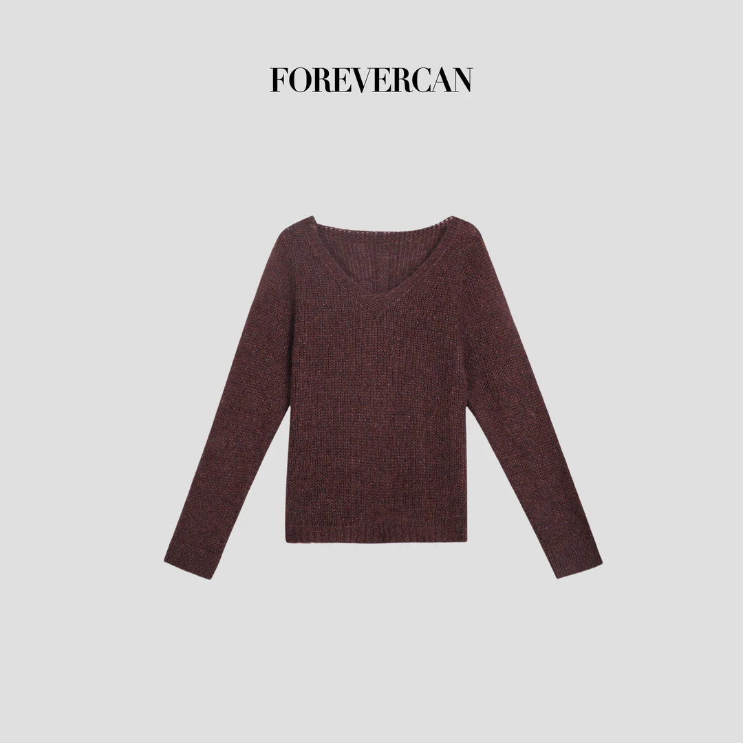 FOREVERCAN“紫定发”美丽诺羊毛宽松V领针织上衣CANMY3078C
